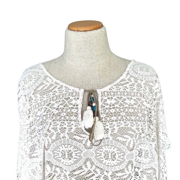 Western White Poncho OSFM Cover Up Lace Crochet Tassel Sheer Pullover Kimono‎ - Picture 2 of 8